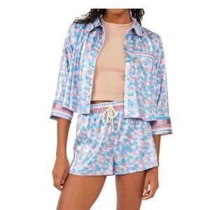 Floral Satin Pajama Set - Blue and Pink